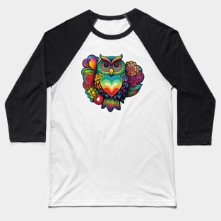 Groovy Psychedelic Owl in Black Baseball T-Shirt